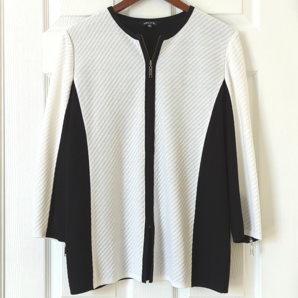 Misook Lightweight Three Quarter Sleeve Full Zip Colorblock Jacket White Black M